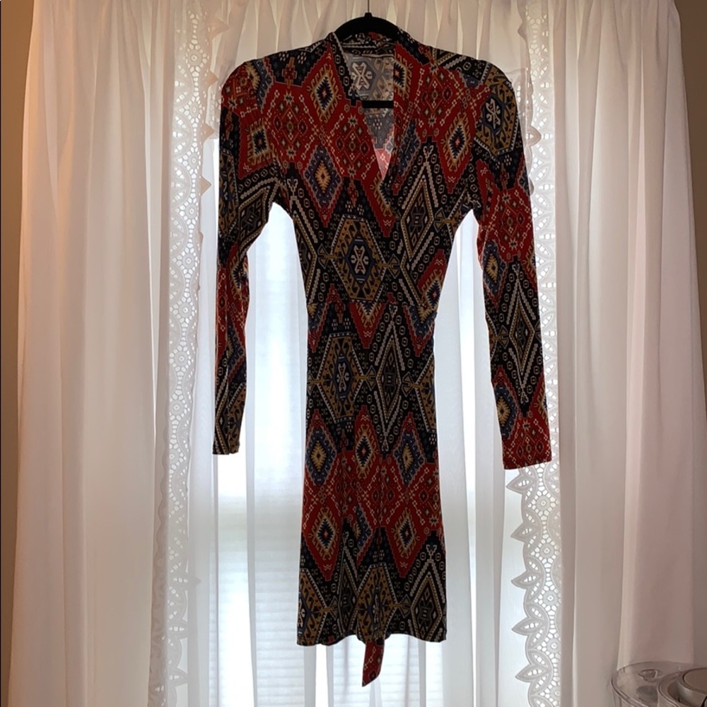 LUXE USA Navy Blue Orange Yellow Patterned Dress